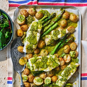 Danielle Alvarez’s baked fish with asparagus, potatoes and Montpellier butter.