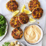 Danielle Alvarez’s crab and fresh corn cakes with chilli mayonnaise.