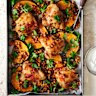 Julia Busuttil Nishimura’s one-pan chicken with pumpkin, coriander and chickpeas.