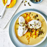Mango and pistachio floating islands.