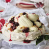Cherry pavlova with almond and yoghurt noyaux cream