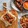 Sausages with barbecue cherry tomato chutney.