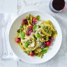 Pesto pappardelle with blistered cherry tomatoes. Styling by Hannah Meppem.
