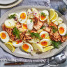 Hot smoked salmon with dill, eggs and new potatoes.