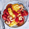Stir-fried prawn, tomato and egg.