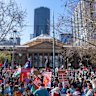 Pro-Palestine protesters gather at the State Library of Victoria on Sunday.
