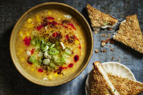 Sweet corn soup with chicken and sesame toast.