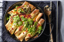 Spicy coriander and pork frying pan enchiladas