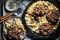 A rich, creamy pasta bake elevated by crispy pancetta-stuffed mushrooms.