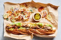 Old Bay hot chicken sandwich with crispy manchego chips.