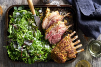 Mint-crusted lamb rack with olive and chilli salad.