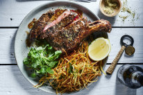 Coffee-rubbed rib-eye with straw fries.