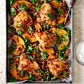 Julia Busuttil Nishimura’s one-pan chicken with pumpkin, coriander and chickpeas.