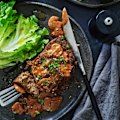 Meatloaf with mushrooms.