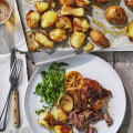 The ‘broken potatoes’ cook in roughly the same time as the lamb, with a rest break in the middle.