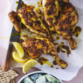 Julia Busuttil Nishimura’s spiced roast chicken with cucumber and yoghurt salad.