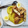 Cauliflower fritters with Japanese-style curried egg sauce.