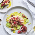 Karen Martini’s kingfish ceviche with buttermilk dressing, finger lime and a rhubarb, red chilli, fennel pickle.
