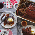 Baking in an ovenproof serving dish makes for a beautiful dessert to serve at the table on Father’s Day.