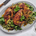 Coriander chicken with green rice.