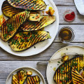 Barbecued eggplant with garlic and paprika.