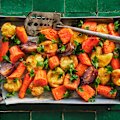 Potato and root vegetable tray bake.