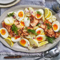 Hot smoked salmon with dill, eggs and new potatoes.