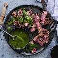 Barbecued lamb with mint dressing.