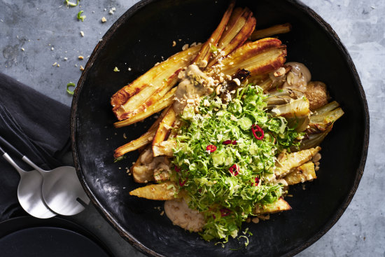 Karen Martini’s roasted autumn salad with chilli maple dressing and peanut and tofu mayo.