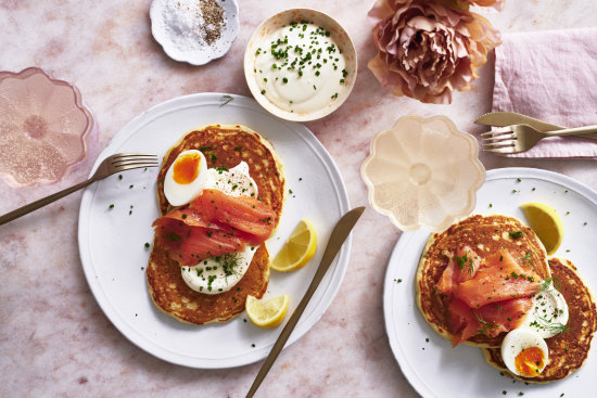Julia Busuttil Nishimura’s chive pancakes with smoked salmon and creme fraiche.