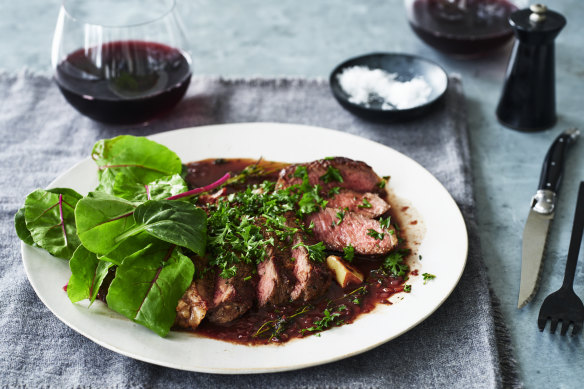 Adam Liaw’s butter-basted steak with pan jus and a sprinkle of parsley.