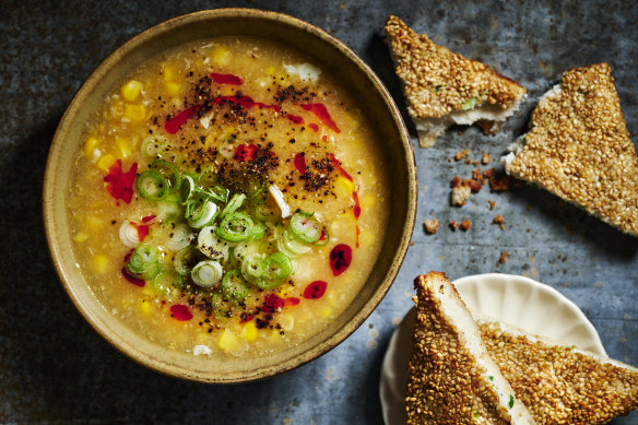 Sweet corn soup with chicken and sesame toast.