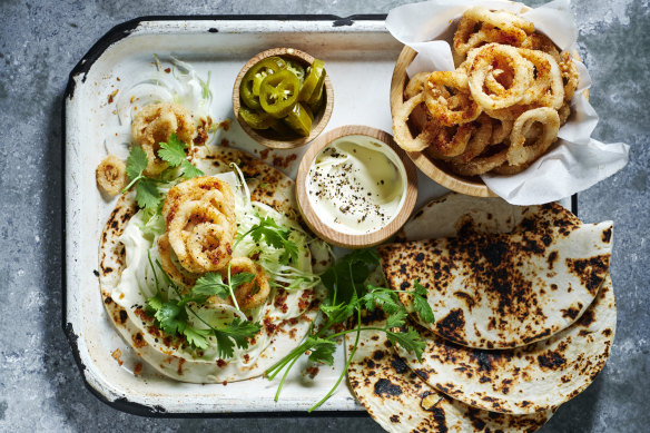 Spice up taco Tuesdays with fried squid and a quick and easy jalapeno slaw.