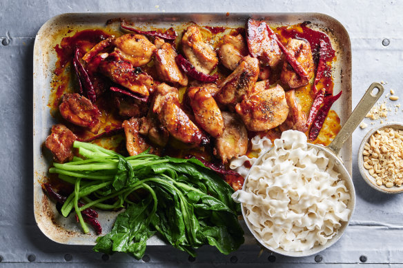 Kung pao chicken tray bake, for those who can stand the heat.