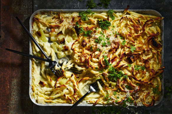 Creamy four-cheese pasta with sweet leeks and crispy bits.