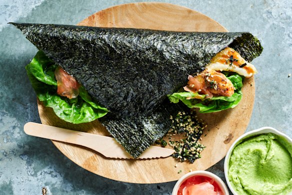 Miso-glazed fish and edamame guacamole in crisp nori shells.
