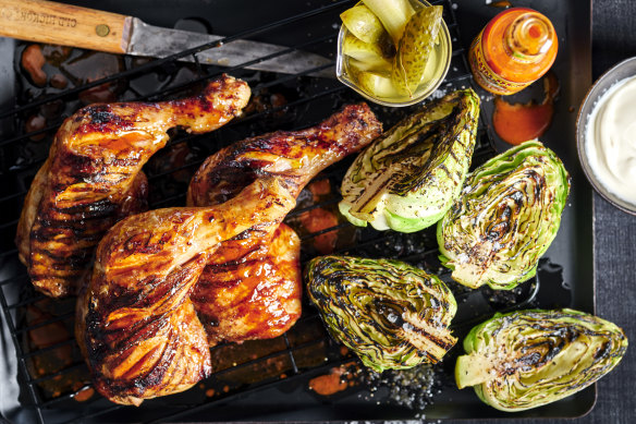 Chargrilled buffalo chicken with grilled cabbage and ranch dressing.