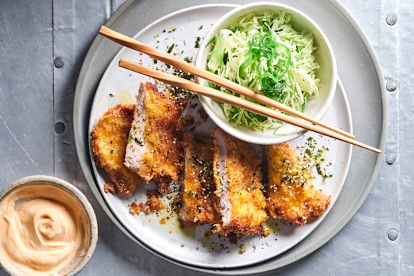 Seaweed salad, furikake and dashi powder add spark to pork schnitzel and slaw.