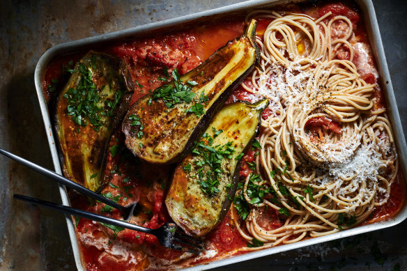 Give the Italian-American classic of pasta alla vodka a shake-up by adding fudgy roasted eggplant.