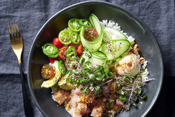 Mexican ceviche rice bowl.