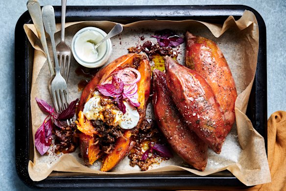Jacket sweet potato with sumac lamb mince and yoghurt.