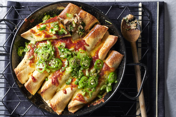 Spicy coriander and pork frying pan enchiladas