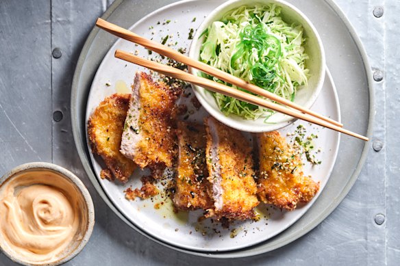 Pork schnitzel with Sriracha Kewpie and Japanese seaweed slaw.