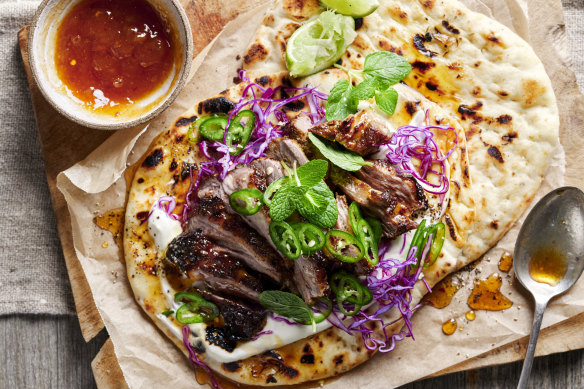 Spicy Indian lamb naan with slaw.
