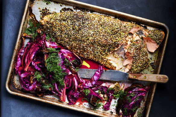 Dukkah-crusted salmon with sweet and sour braised red cabbage. 