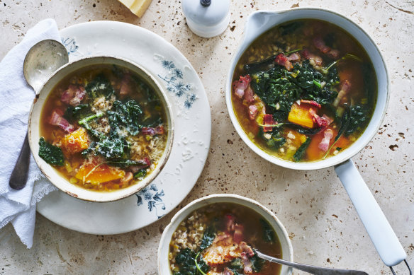 This hearty and filling pumpkin and barley soup is almost a stew.