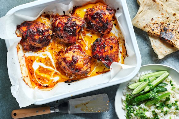 Tamarind and coconut chicken with charred roti and spring onion rice.