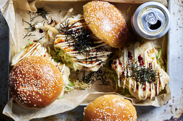 Tempura tofu okonomiyaki burgers.