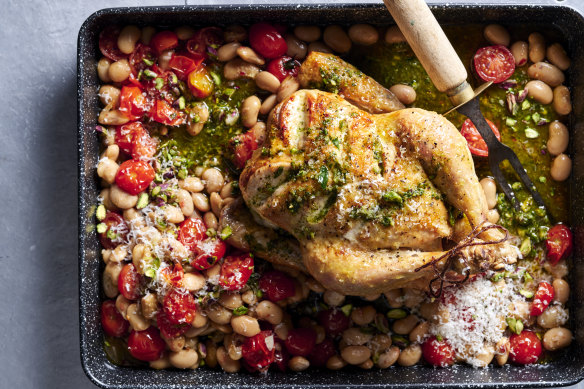 Tomato, bean and chicken tray bake with mint pesto. 