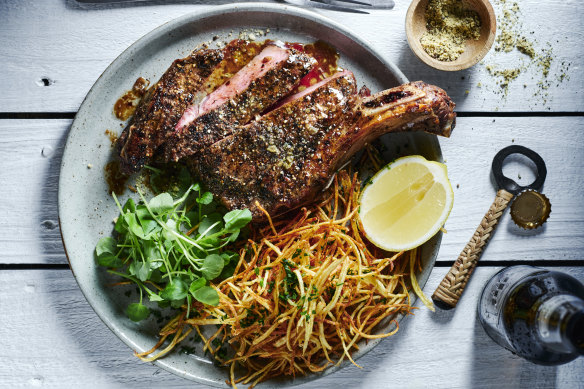 The coffee rub adds flavour and tenderness to these rib-eye steaks, served with straw fries.
